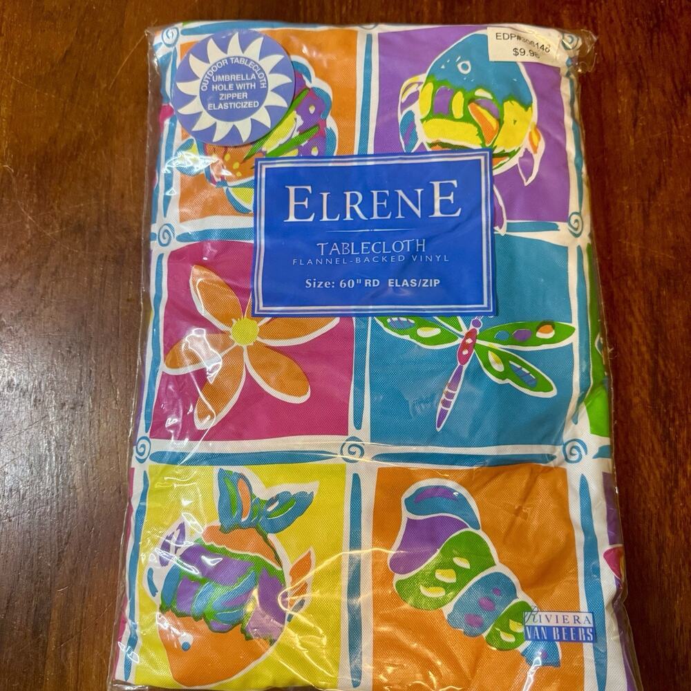 Elrene 60” Round Vinyl Patio Tablecloth Umbrella Hole Zipper Elastic Tropical